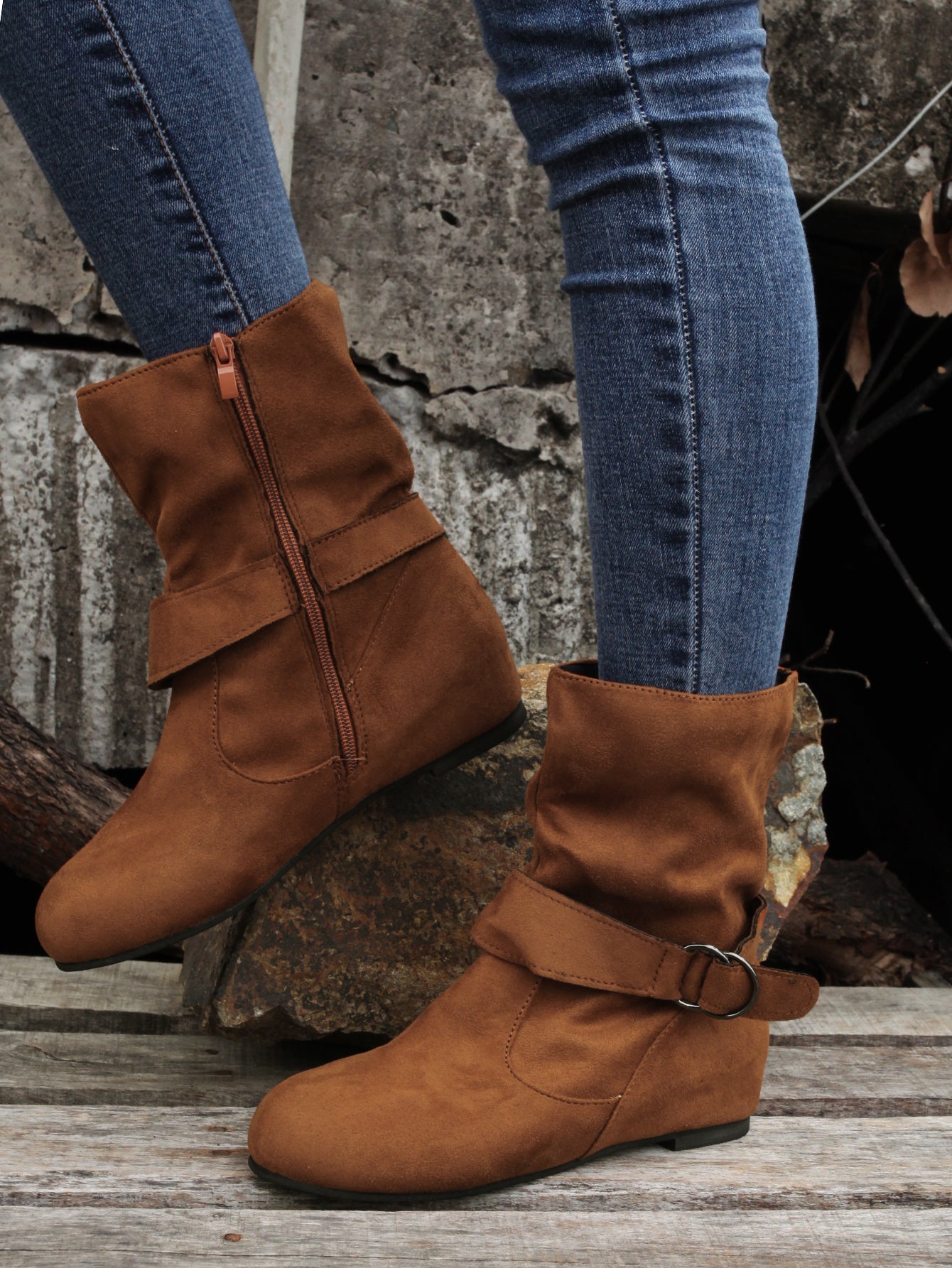 Ankle Boots  Round Toe Buckle Belt Side Zipper Boots