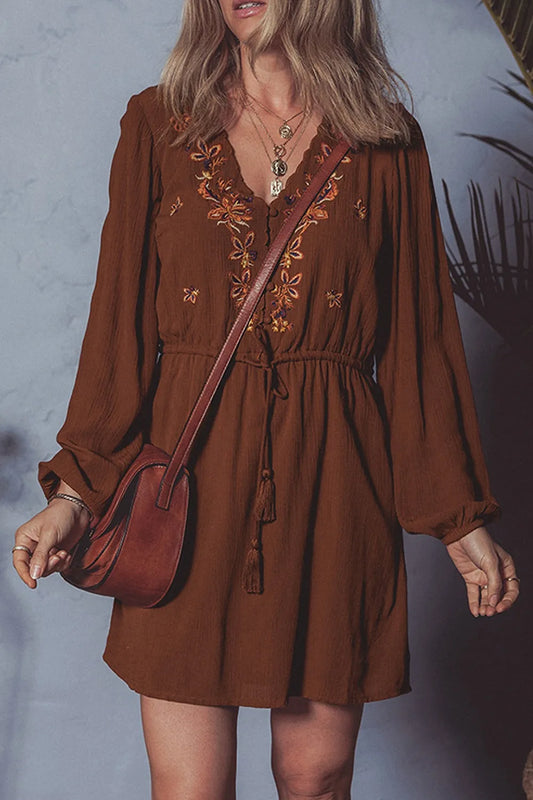 Floral  Embroidered Long Sleeve Mini Dress