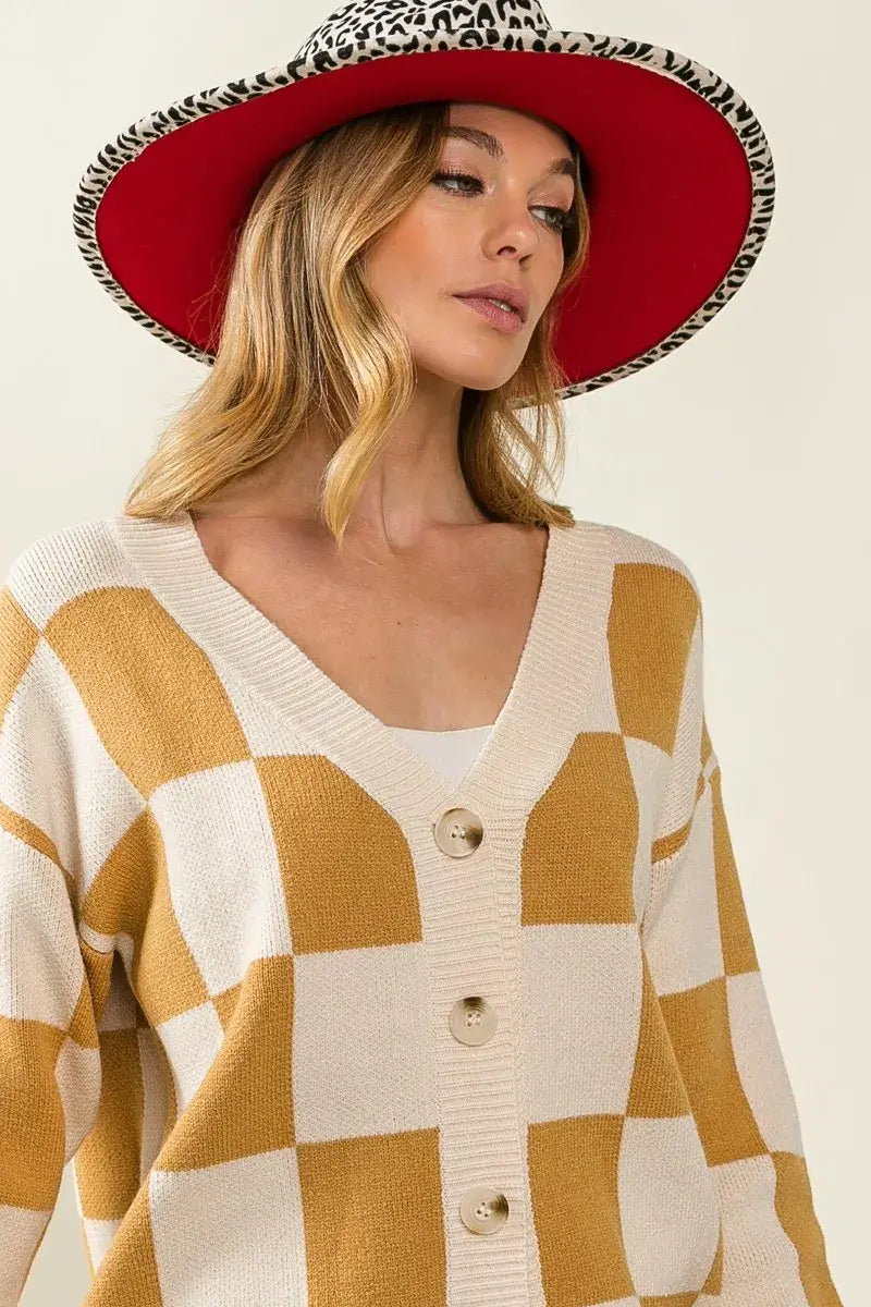 BiBi Checkered V Neck Cardigan Mustard Cream Pattern