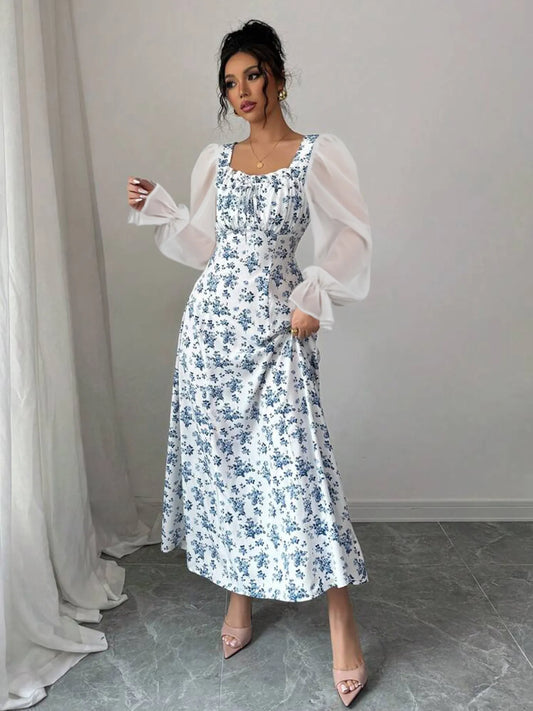 Floral Print Flounce Sleeve Maxi Dress