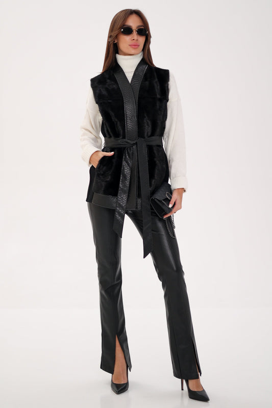 Gilet en laine avec garniture en cuir et fourrure de vison véritable