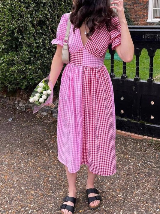 Plaid V-Neck Puff Sleeve Dress