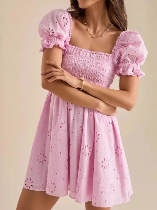 Eyelet Puff Sleeve Smocked Mini Dress