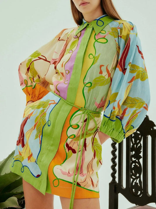 Abstract Print Tie Front Mini Shirt Dress with Pockets