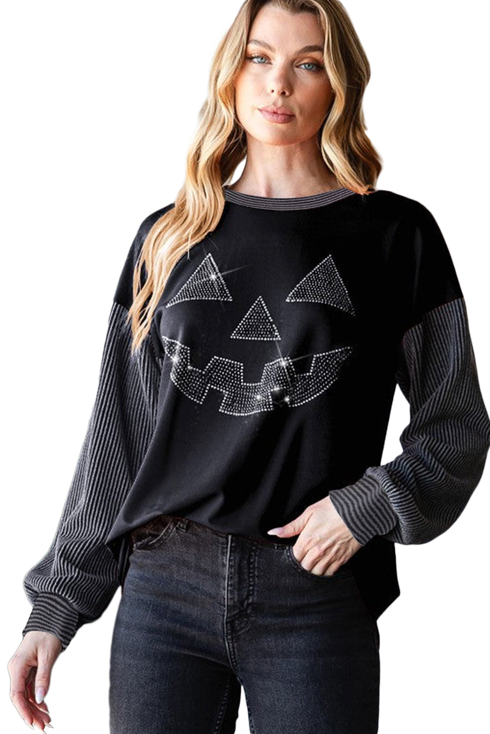 Black Halloween Rhinestone Pumpkin Patchwork Ribbed Top- NEW** Earliest Shipping 9/13
