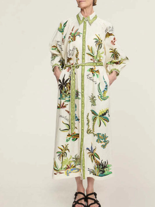 Printed Button Up Long Sleeve Shirt Dress