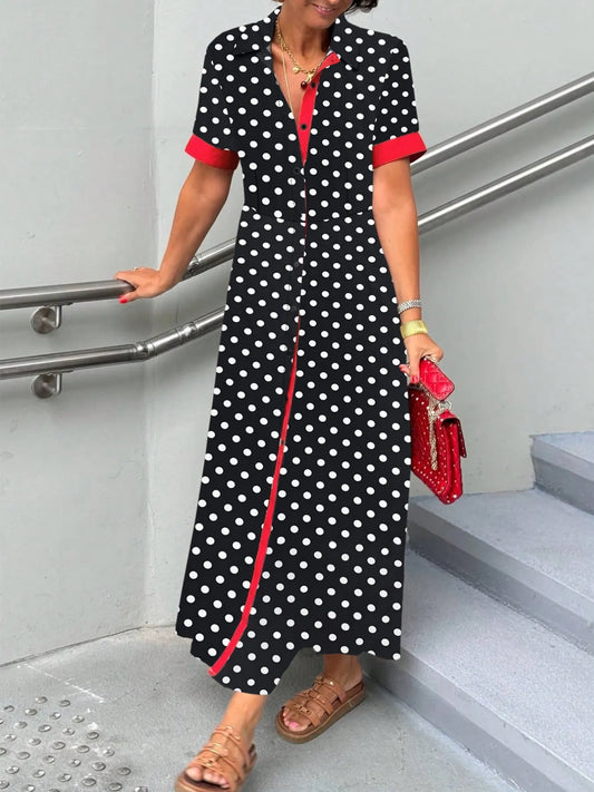 Polka Dot Short Sleeve Maxi Shirt Dress