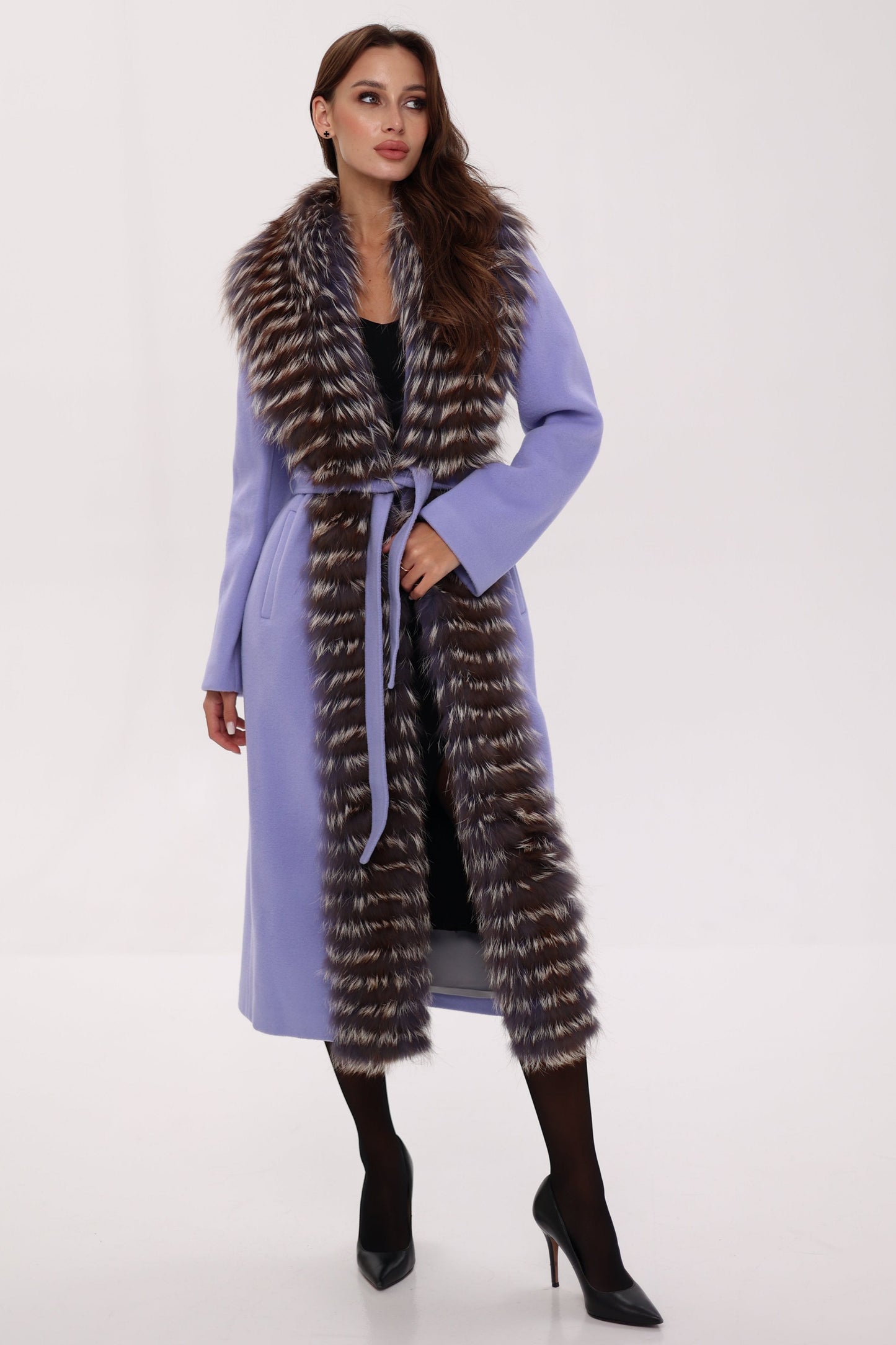 Manteau en laine vierge véritable de renard argenté couleur lavande