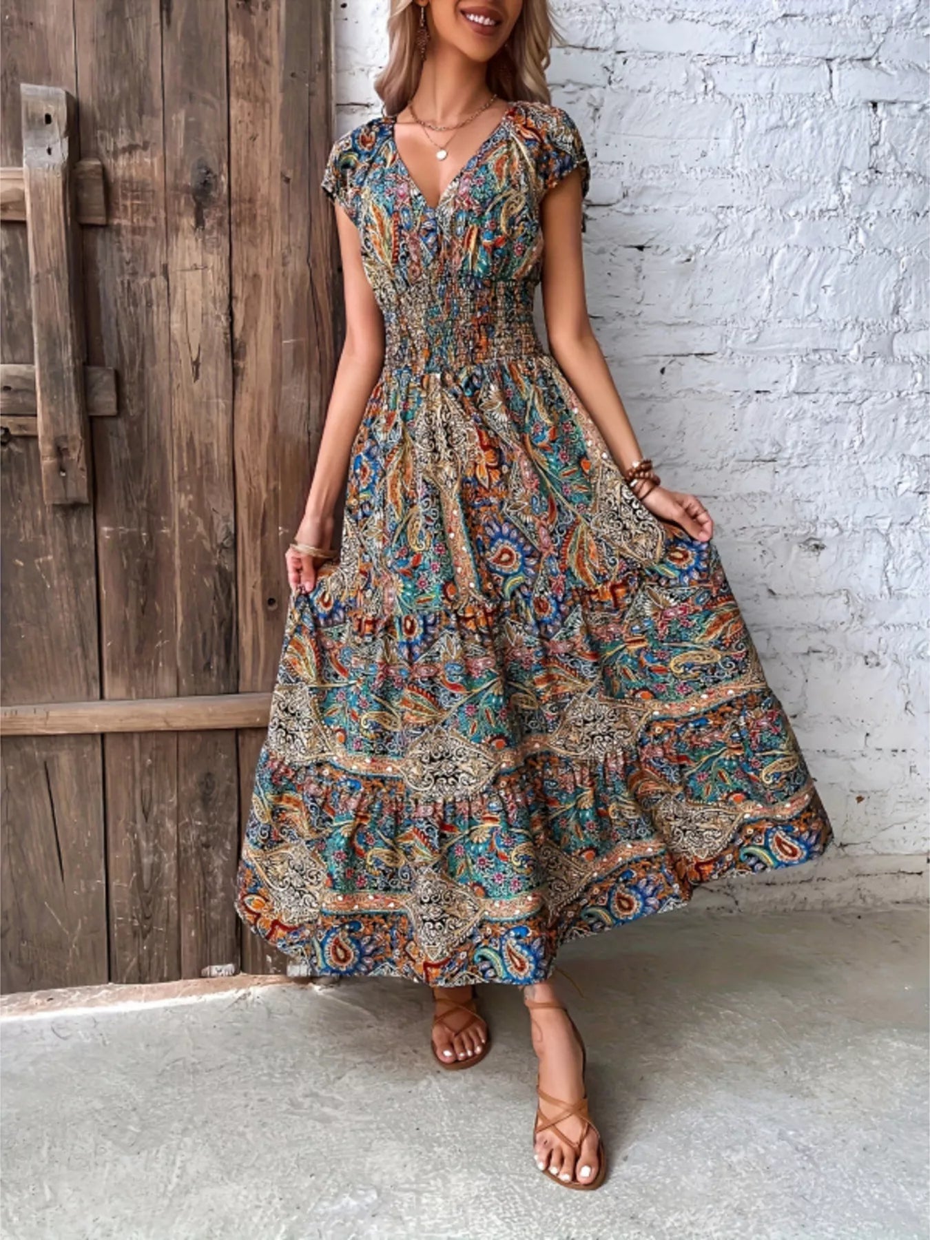 Printed V-Neck Cap Sleeve Dress