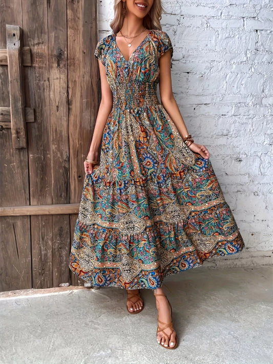 Printed V-Neck Cap Sleeve Dress