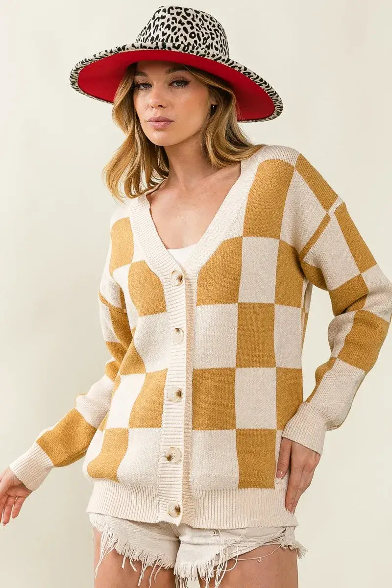 BiBi Checkered V Neck Cardigan Mustard Cream Pattern