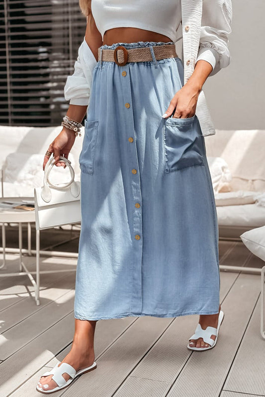 Beau Blue Buttoned Front High Waist Denim Maxi Skirt Pockets