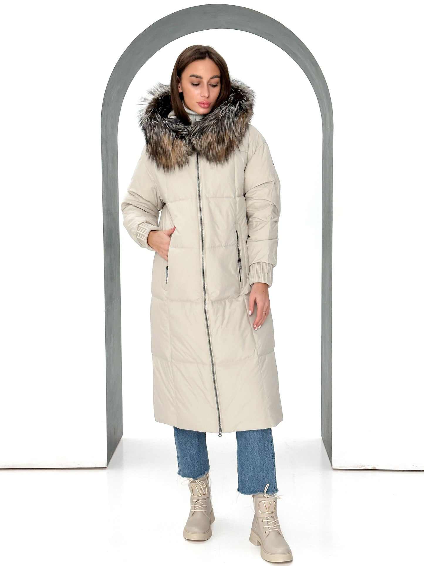 Manteau Alice en duvet de renard argenté véritable 