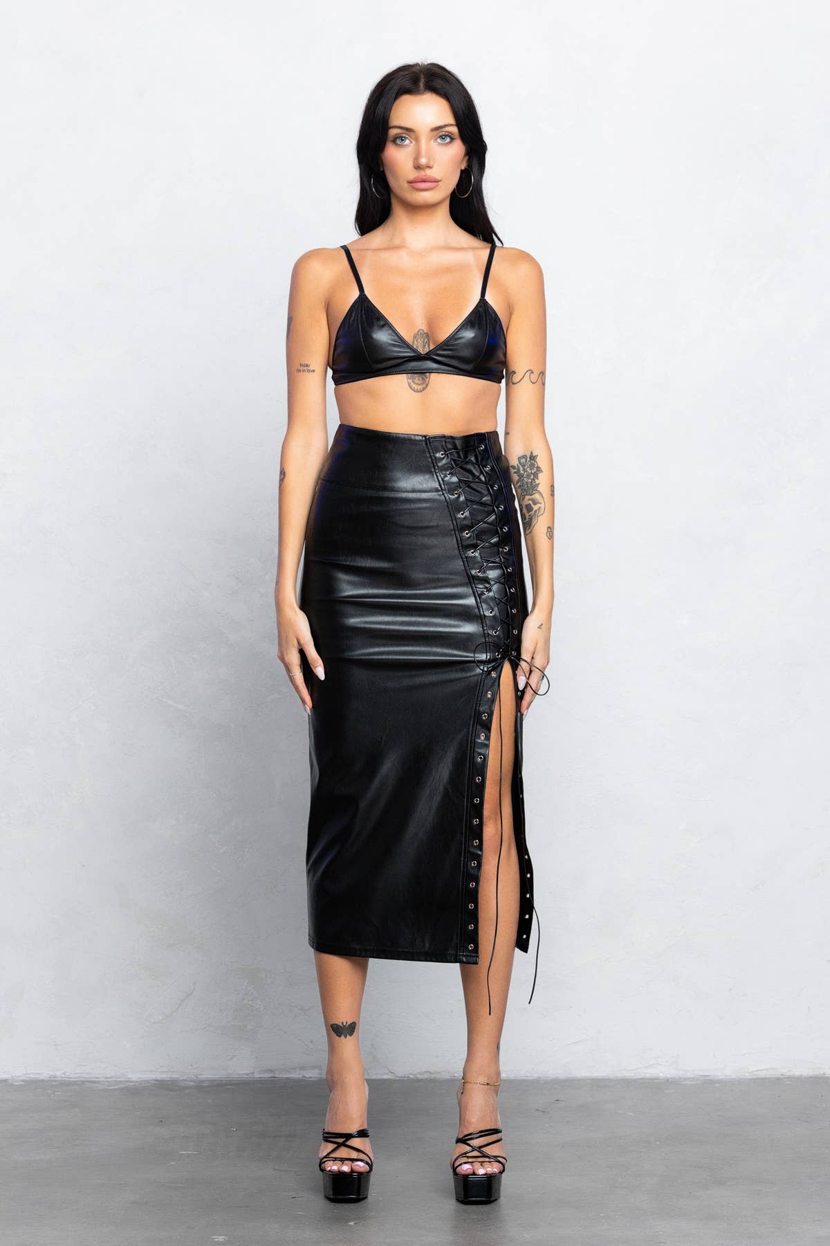 Gianna Lace Up Detail Faux Leather Midi Skirt With Side Slit