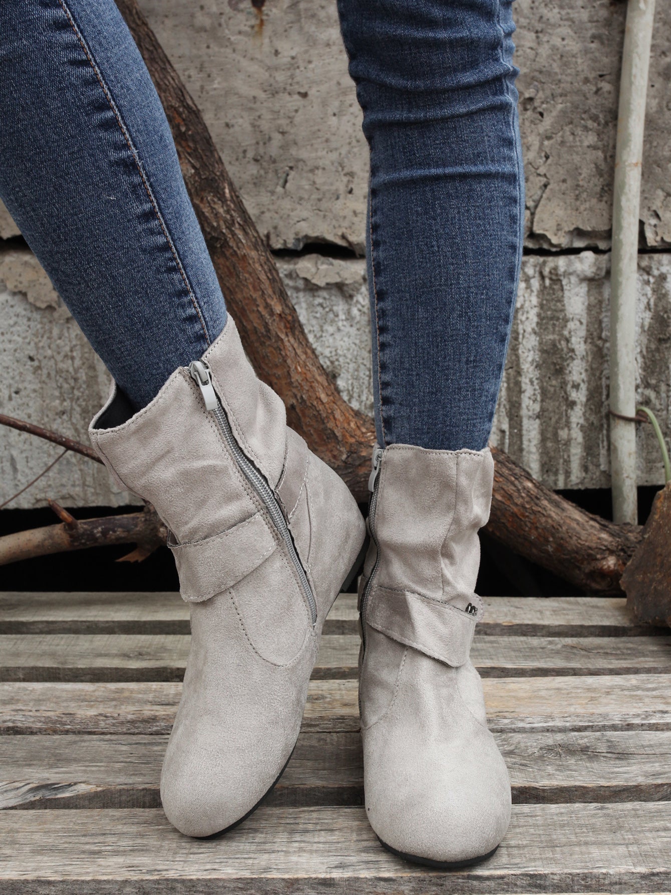 Ankle Boots  Round Toe Buckle Belt Side Zipper Boots