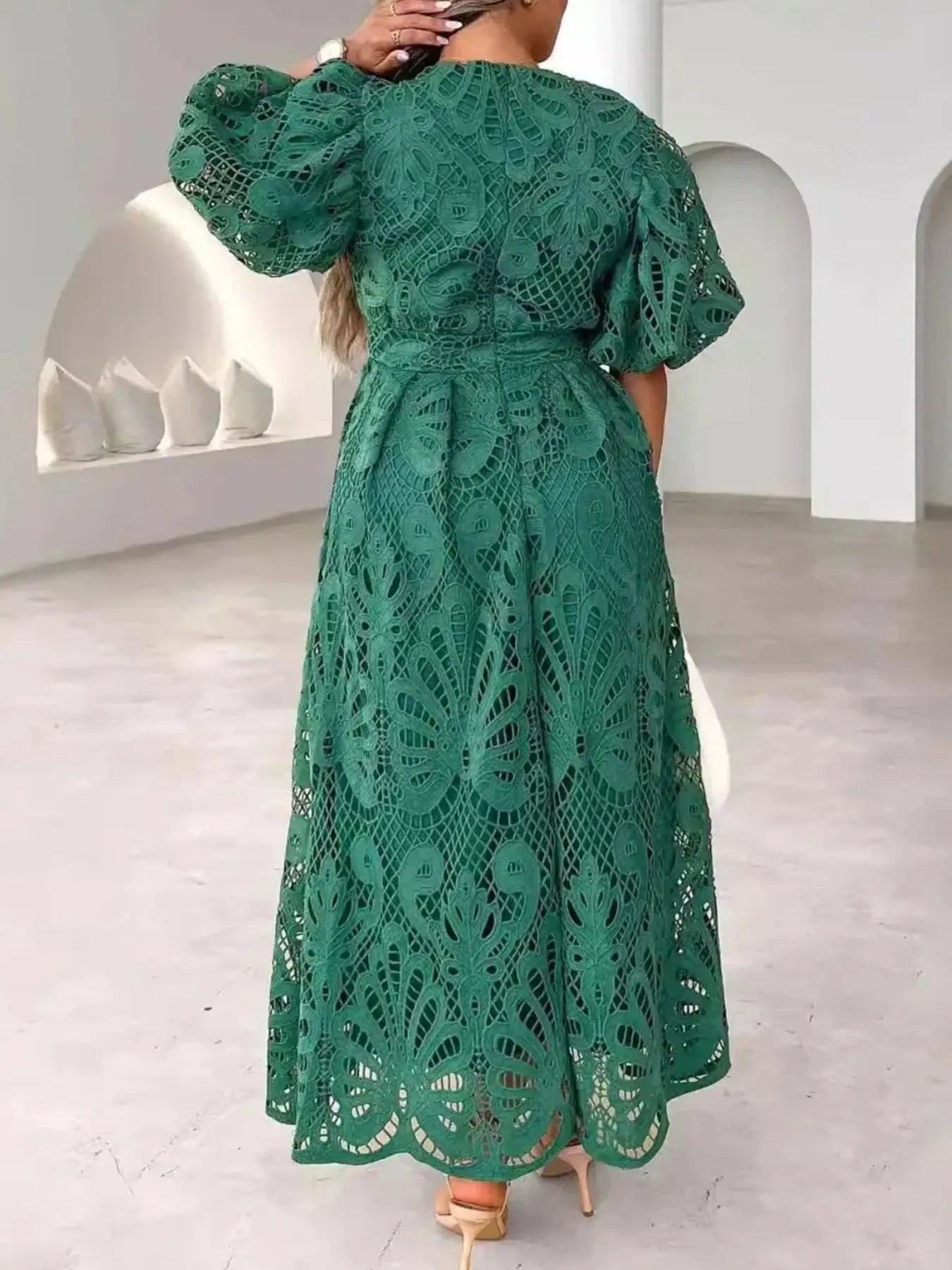 Lace V-Neck Midi Dress with Puff Sleeves