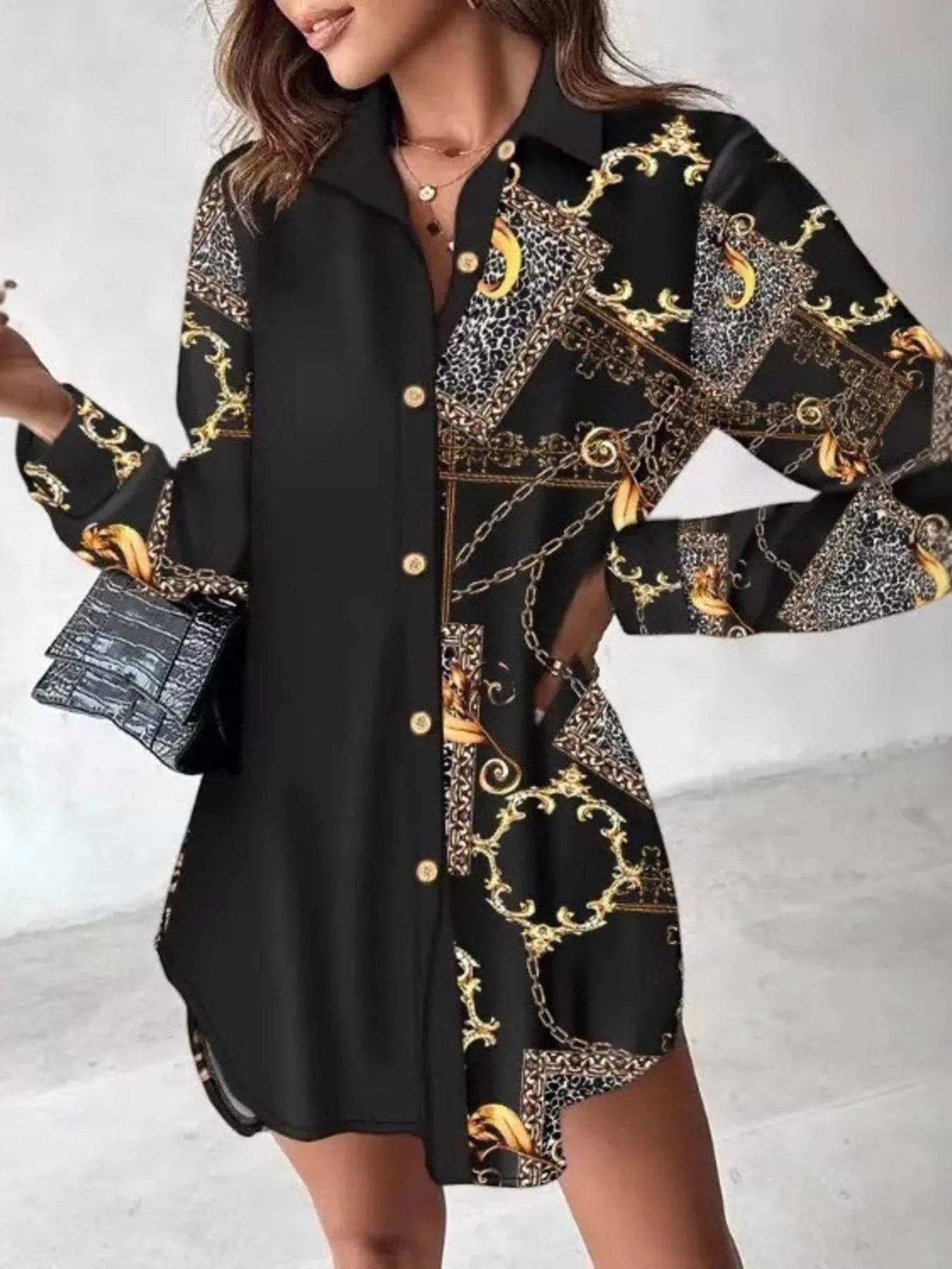 Printed Button Up Long Sleeve Shirt Dress