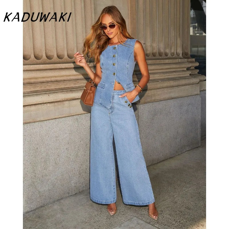 KADUWAKI Slim Denim Waistcoat Jeans 2pc Women Elegant Single Breasted O Neck Vest Wide Leg Pants Spring Lady High Street Outfits
