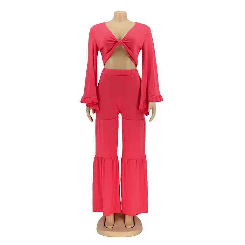 Casual Spring And Autumn For Women's Solid Color Long Sleeved Chest Wrap Top and Wide Leg Trousers Female Office 2 Piece Set