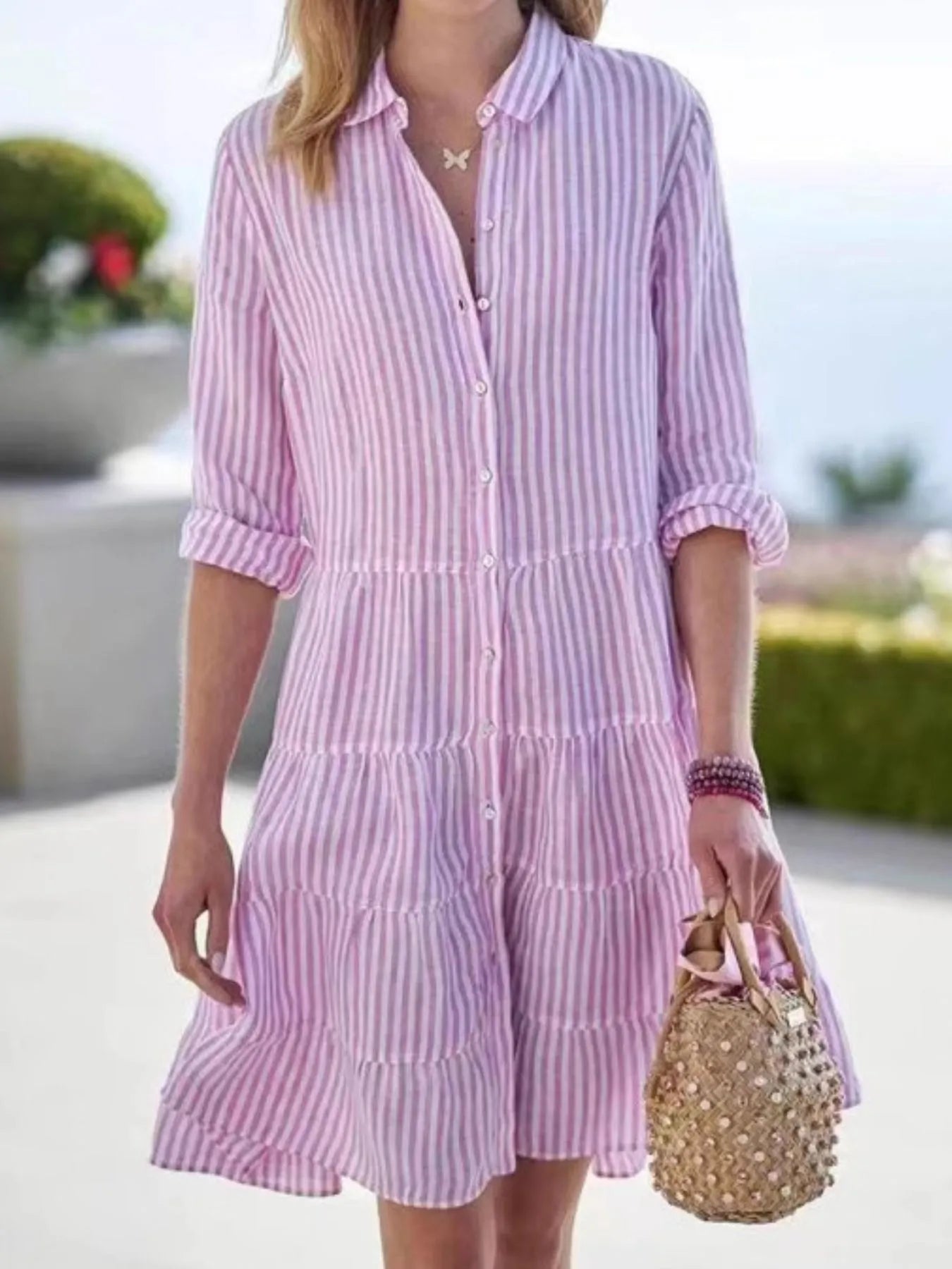 Striped Button-Down Shirt Dress with Tiered Ruffle Hem Plus Size