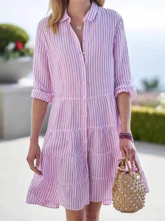 Striped Button-Down Shirt Dress with Tiered Ruffle Hem Plus Size