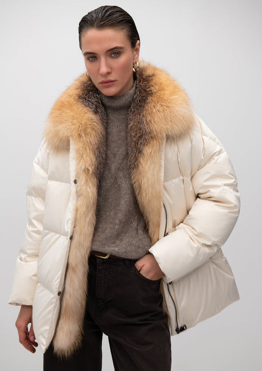 Manteau Macaire en duvet et fourrure de renard argenté véritable