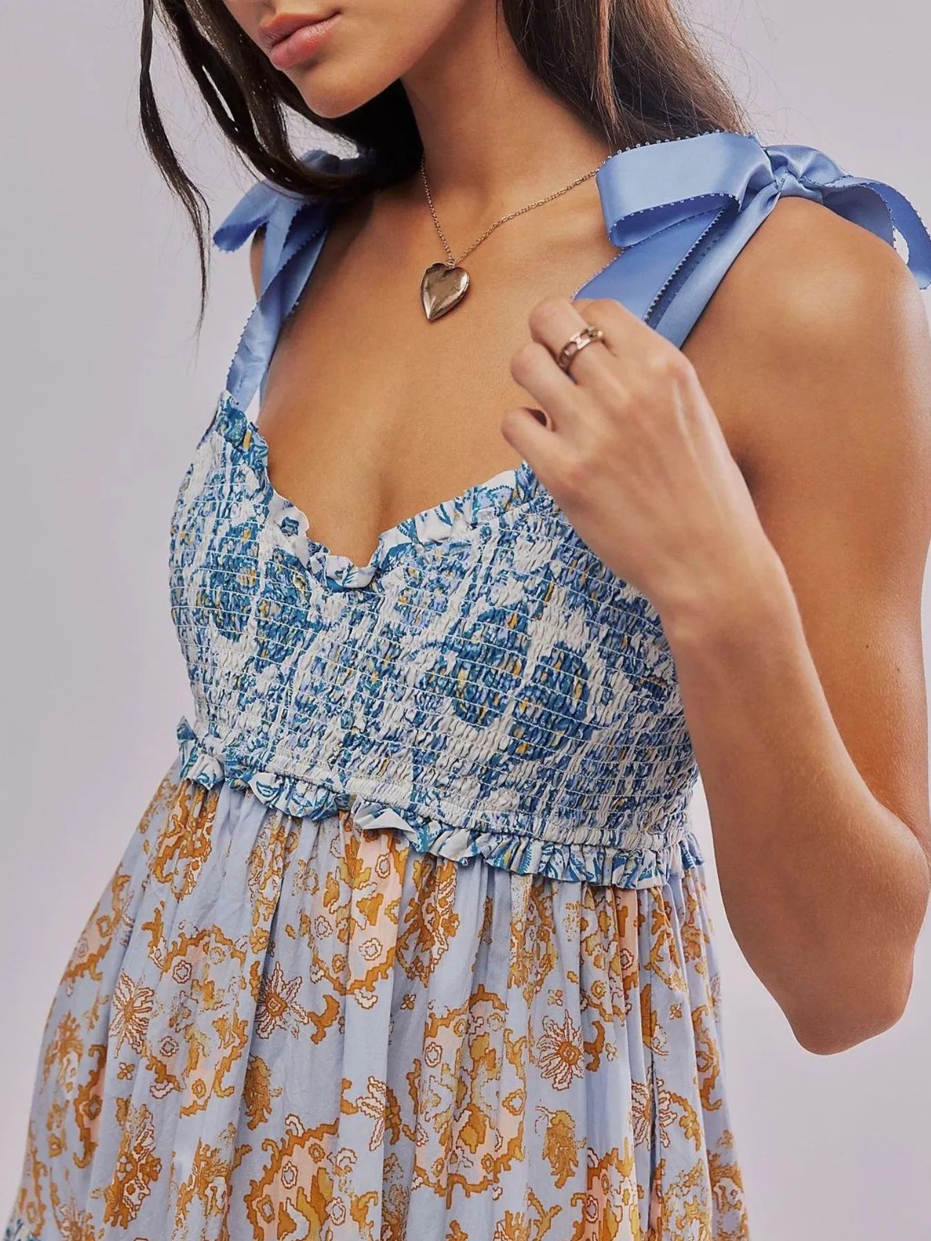 Smocked Printed Tie Shoulder Maxi Dress
