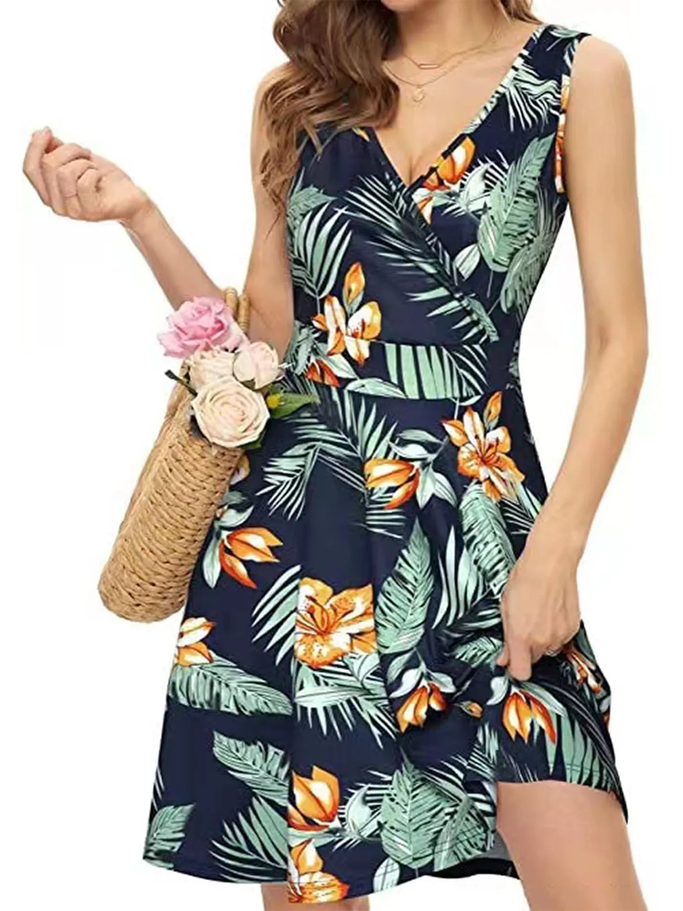 Printed Surplice Sleeveless Dress