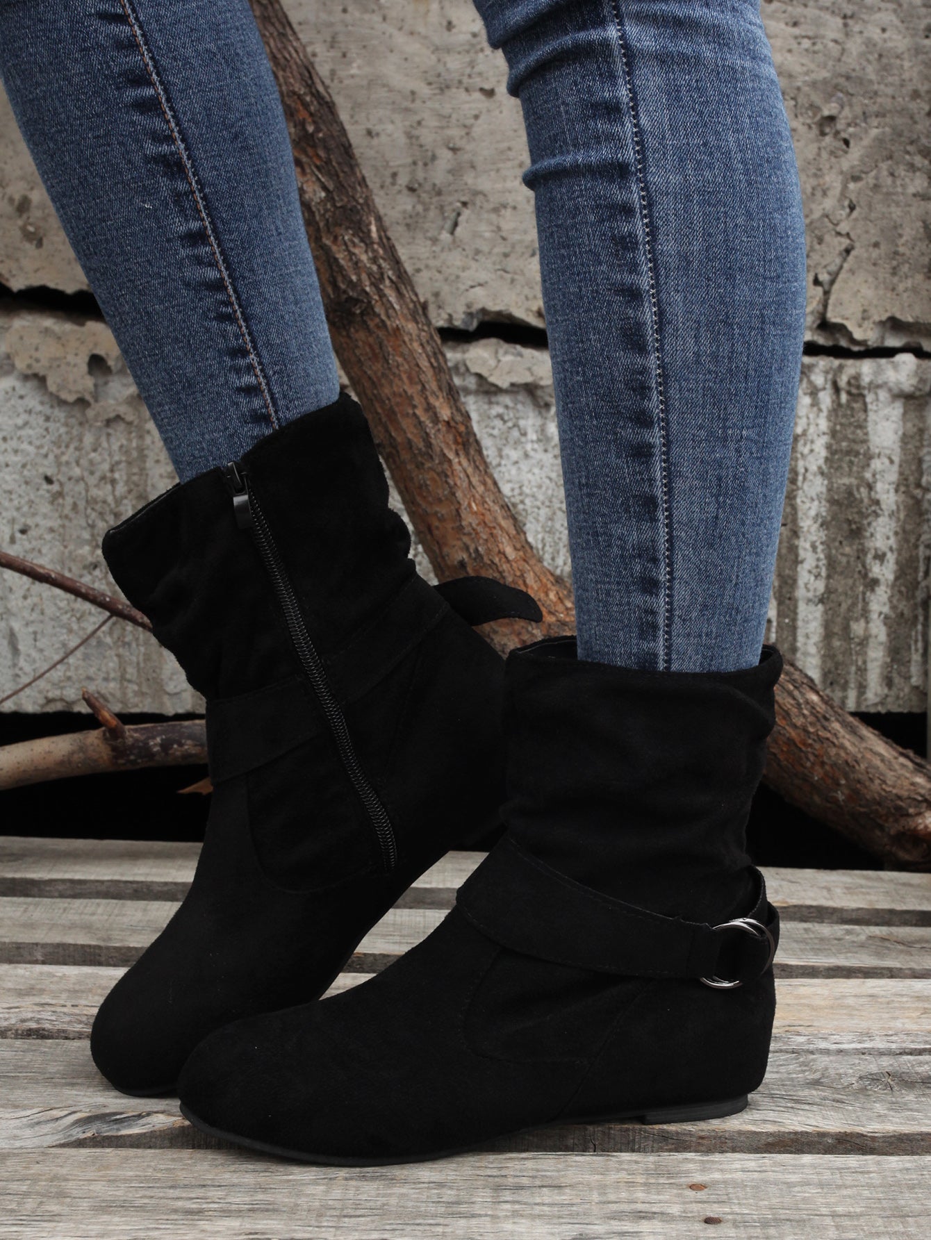 Ankle Boots  Round Toe Buckle Belt Side Zipper Boots