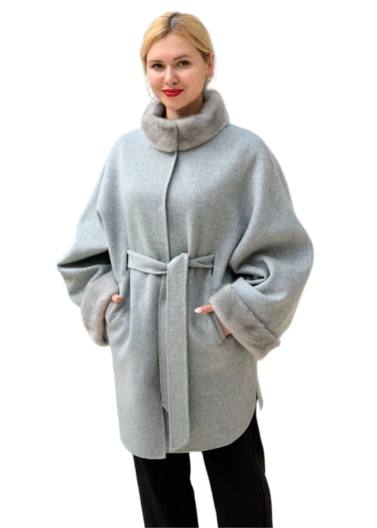 Manteau en véritable fourrure de vison scandinave et laine vierge