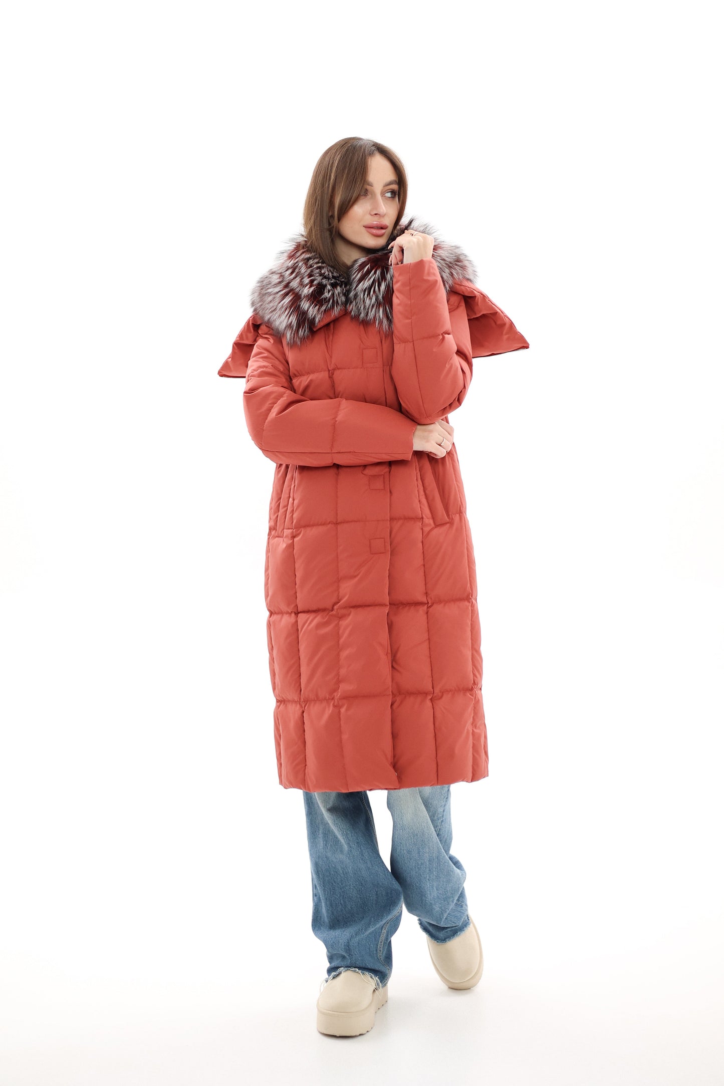 Genuine Silver Fox Fur Trim Down Coat