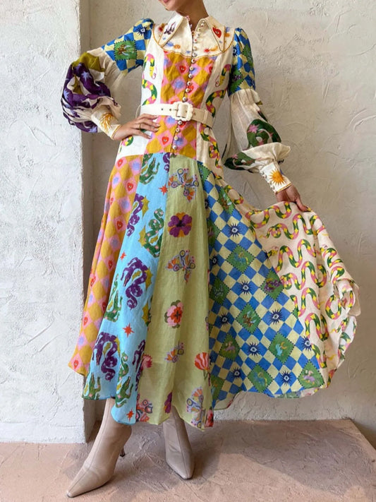 Printed Lantern Sleeve Midi Shirt Dress
