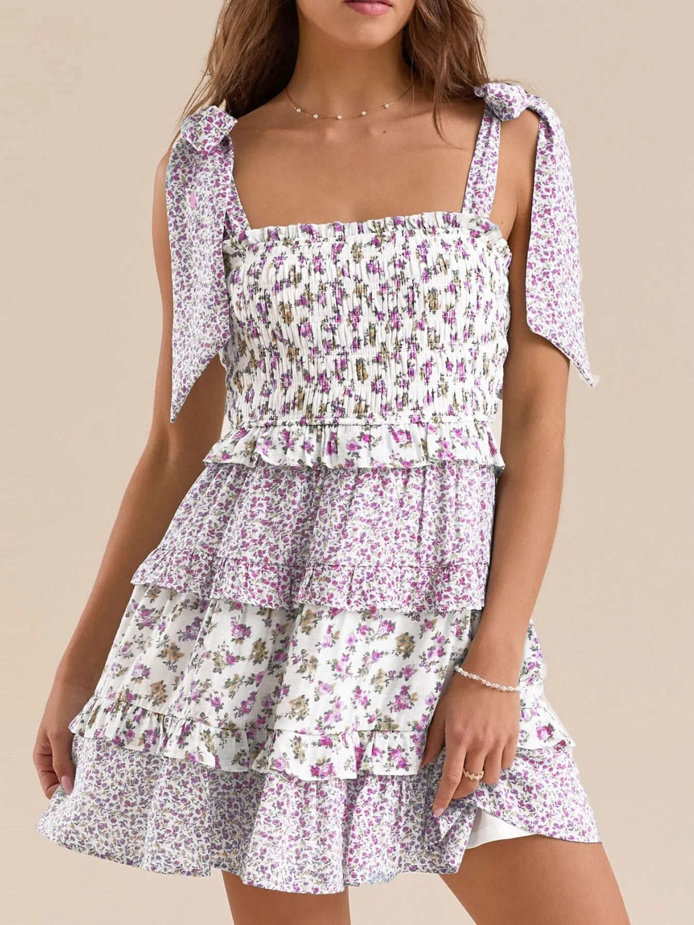 Floral Smocked Tie-Shoulder Summer Dress