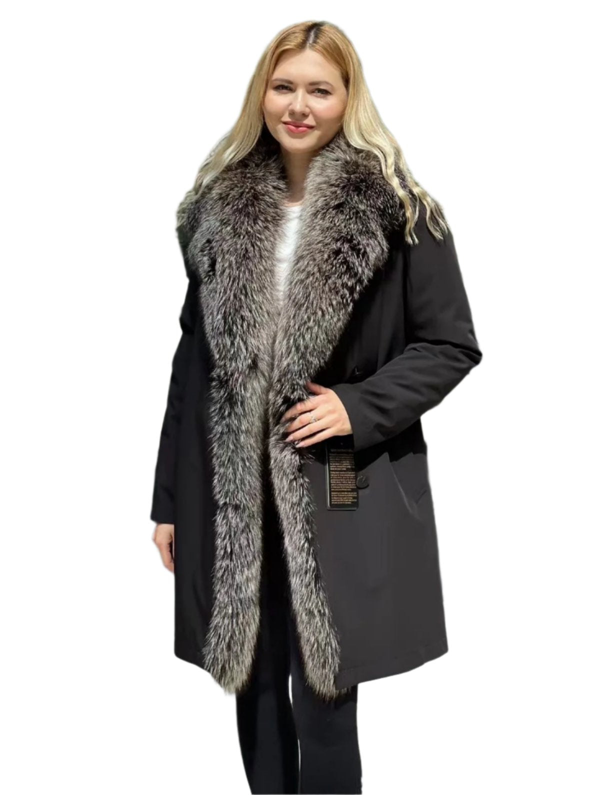 Parka isolée en fourrure de lapin et fourrure de renard argenté véritable