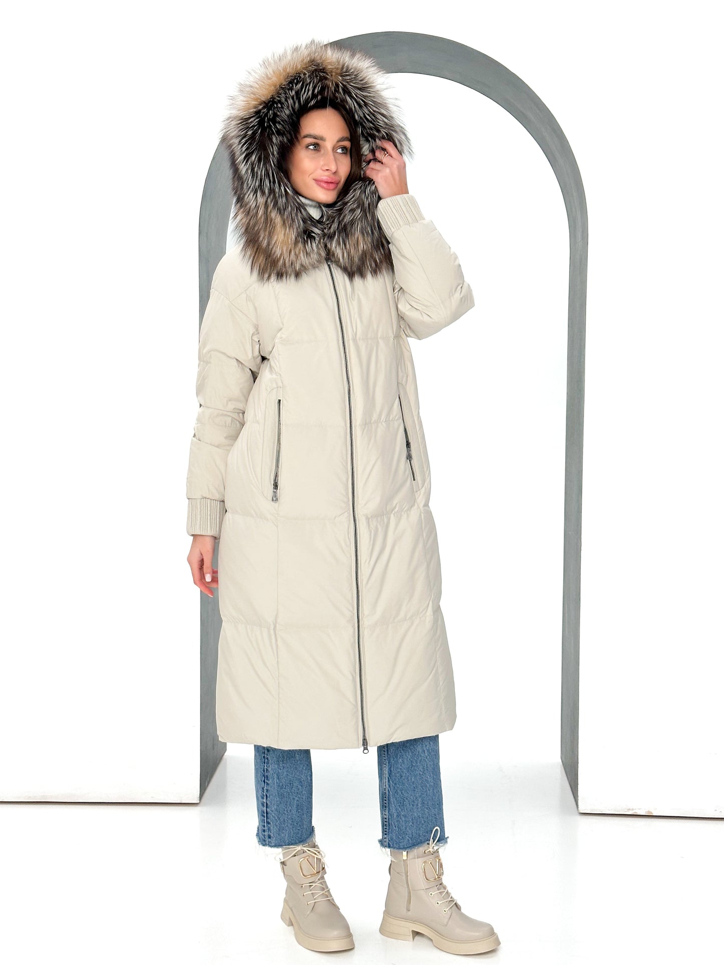 Manteau Alice en duvet de renard argenté véritable 