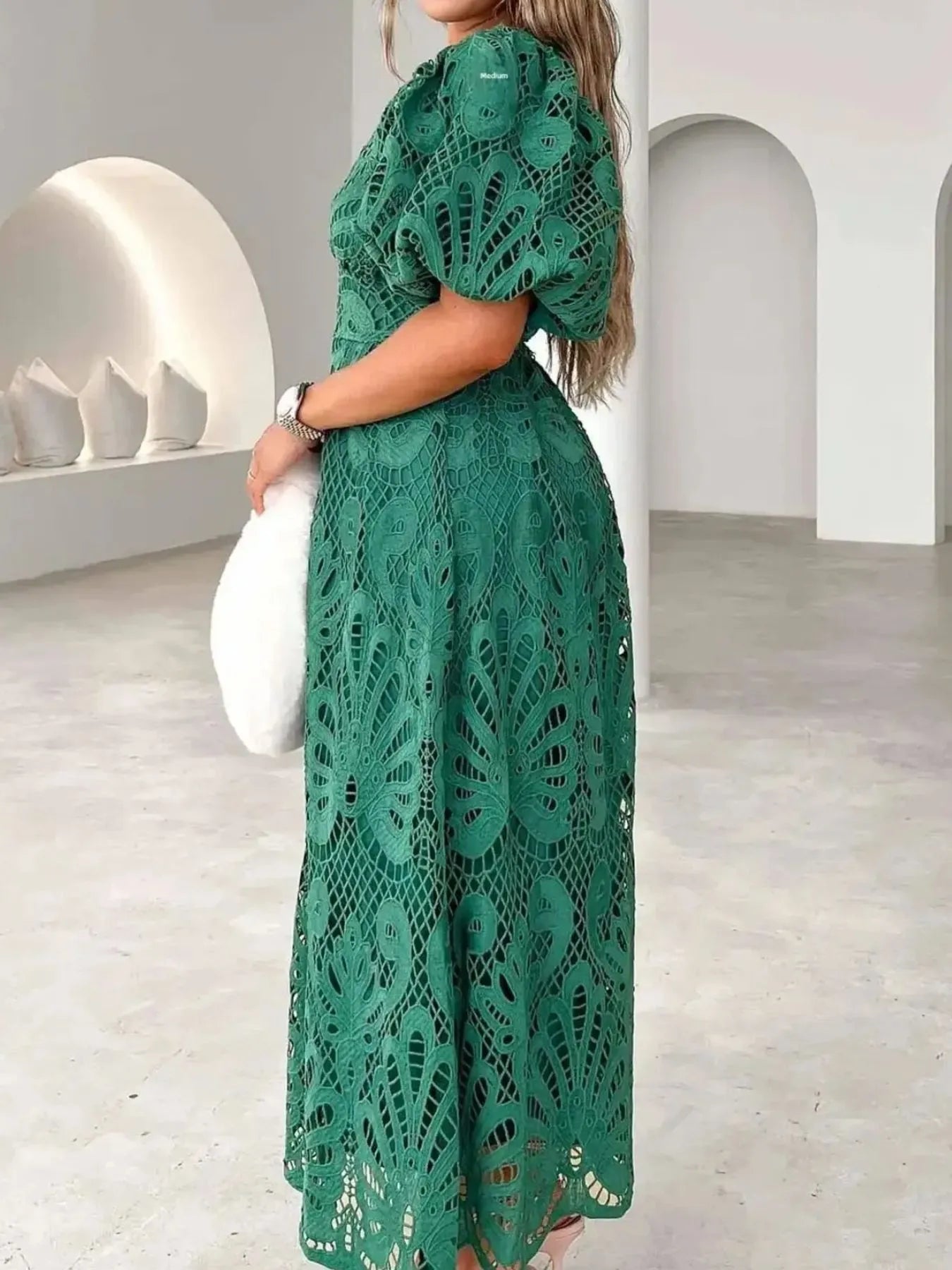 Lace V-Neck Midi Dress with Puff Sleeves