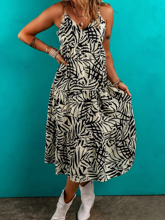 Palm Print Wrapped Spaghetti Straps Tiered Dress