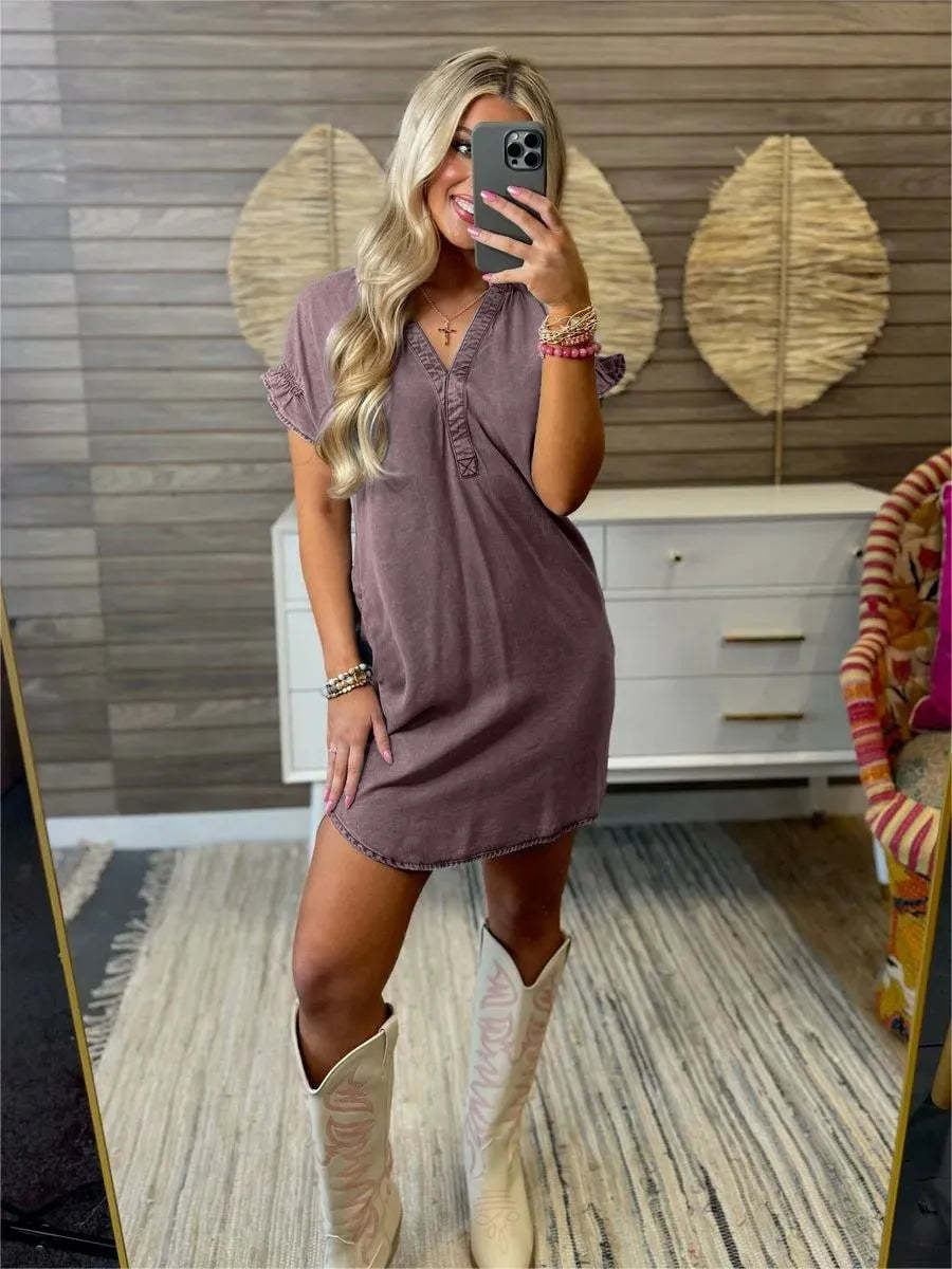 V-Neck Short Sleeve Denim Dress Plus Size