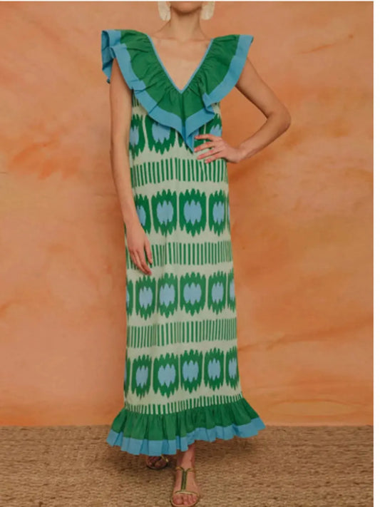 Ruffled V-Neck Printed Maxi Dress