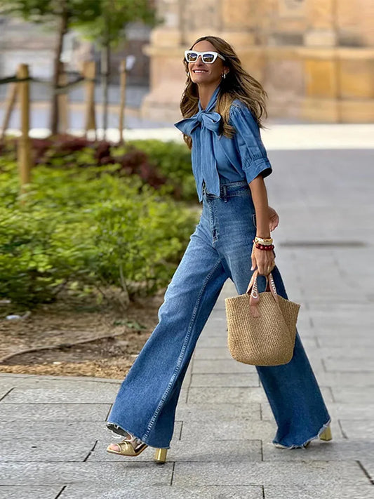 Chic Vintage Bow Lace Women Denim Shirts Pants Sets Baggy Ruff Sleeves Lady Tops Jeans Casual Office Work Elegant Fashion Suits