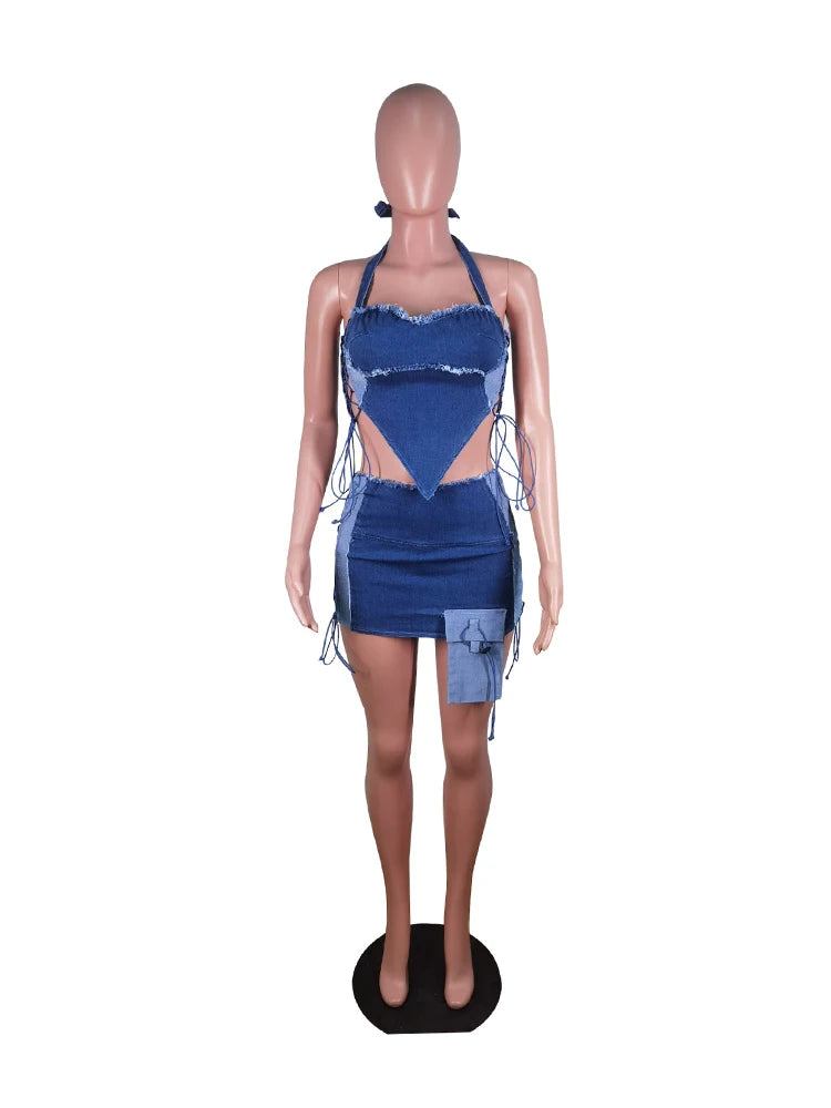 Skirt and Top Set Woman Summer 2 Piece Outfit Hollow Out Strapless Strap with Short Mini Skirt Night Club Wear Blue Denim Set