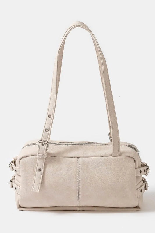 Fame Beige Leather Handbag Grommet Belt Strap Rectangular