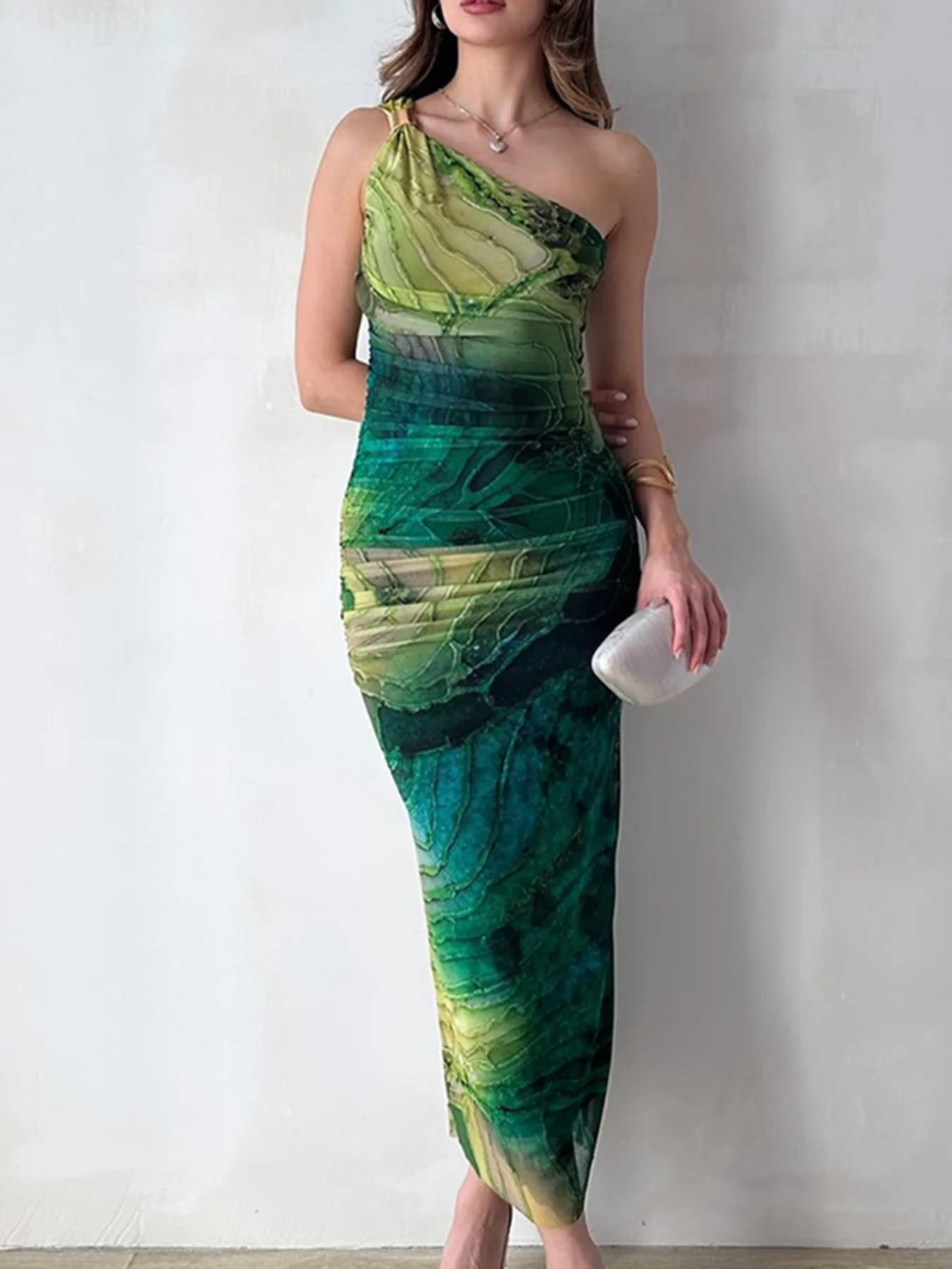 One Shoulder Printed Bodycon Maxi Dress