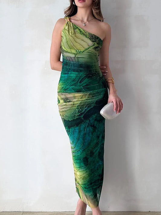 One Shoulder Printed Bodycon Maxi Dress