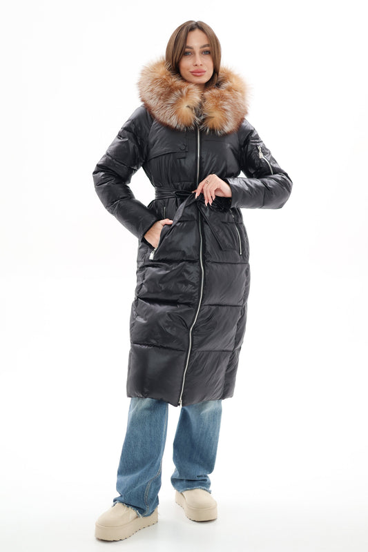 Manteau en duvet alternatif en véritable fourrure de renard argenté