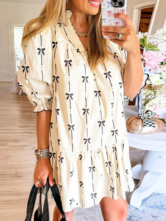 Bow Print Button Front Shirt Dress