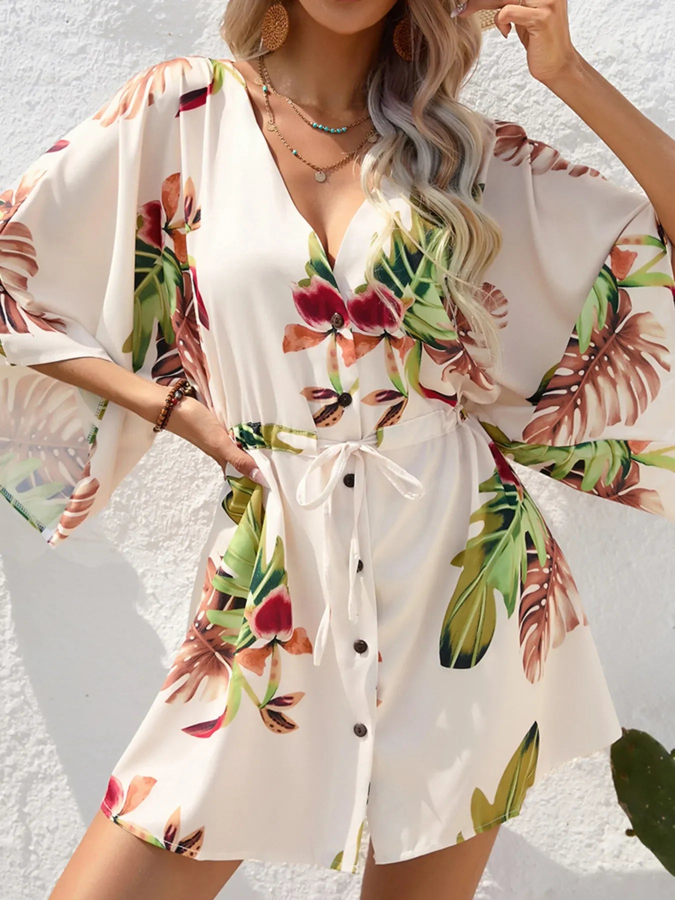 Color Block Drawstring Waist Button Up Dress