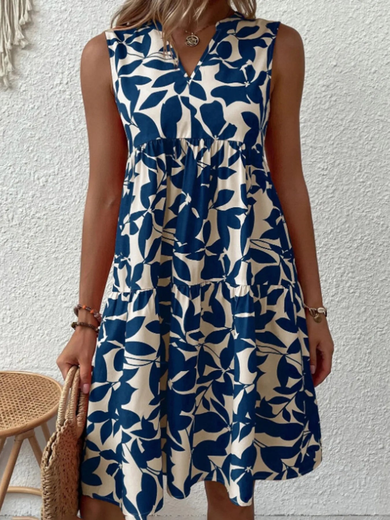 Printed V-Neck Sleeveless Mini Dress