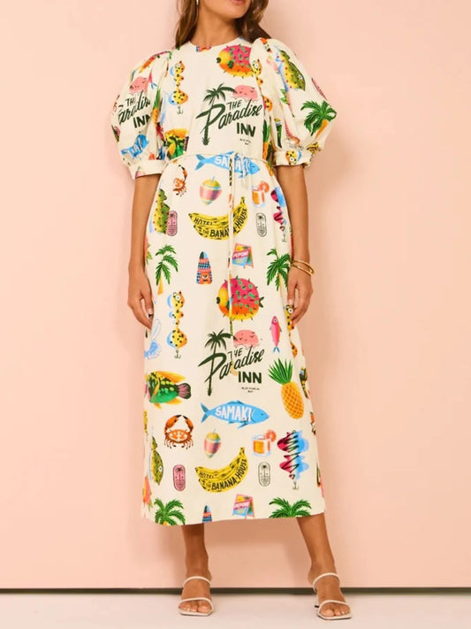 Printed Puff Sleeve Midi Dress