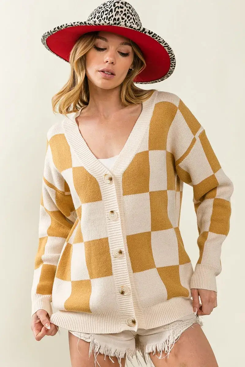 BiBi Checkered V Neck Cardigan Mustard Cream Pattern
